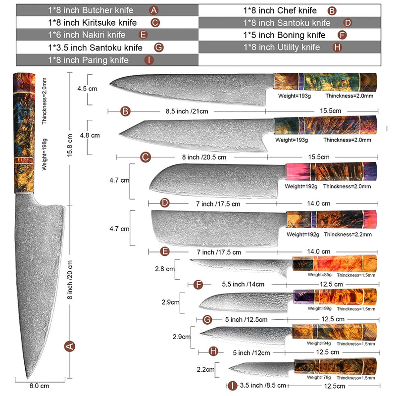 9-Piece Knife and Cleaver Set - Multicolor Stabilized Wood for Kitchen and Barbecue