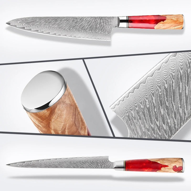 Red Walnut - 3 Piece - Damascus Steel Kitchen Knife Set