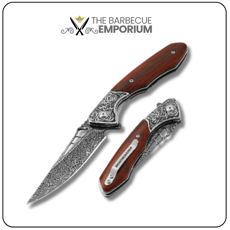 Dark Brown Folding Knife VG10 Core - Compact Kitchen Utility Knife with Clip, Damascus Blade